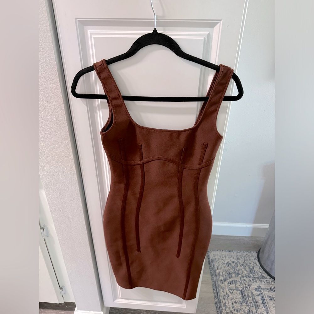 Hot Miami Styles Bandage Mini Dress Women's Brown Fitted Stretch Small Sexy